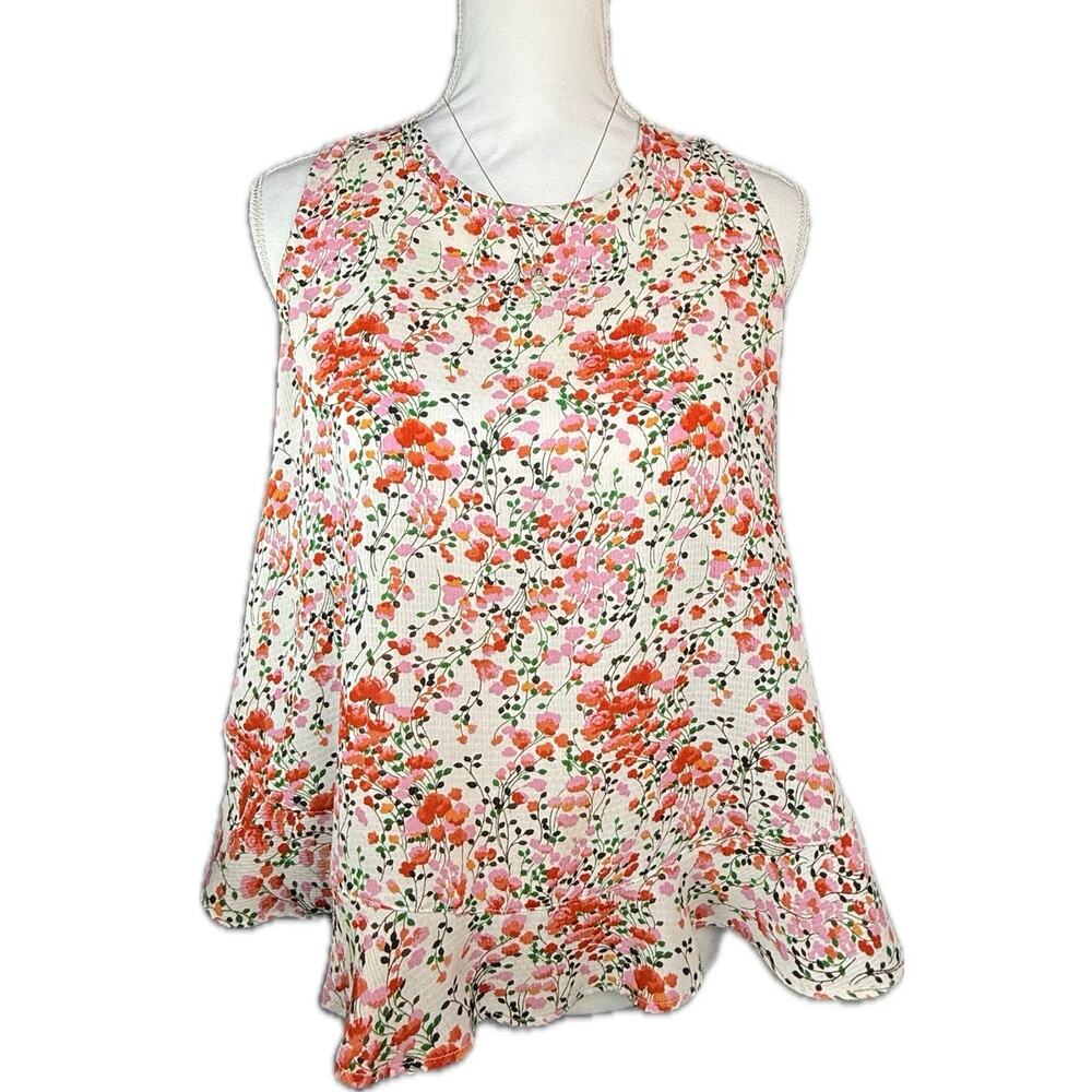 Floral Tank Top Bright Loose Fitting Breezy Flowy Orange Pink Green Ruffles XS
